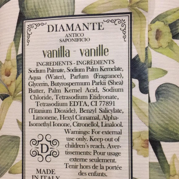 Diamante Vanilla Scented Tripple Milled Vegitable Soap Made in Italy NWT 9.1 oz - Picture 10 of 15